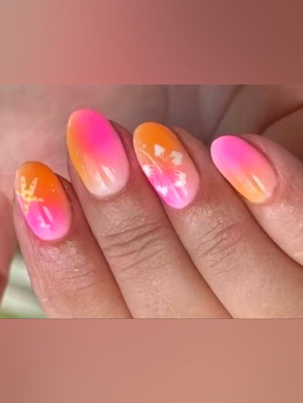 Neon Pink & Orange Ombre With White Floral Accent Press On Nails